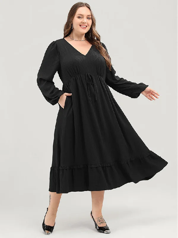 Midi dresses with keyhole backs for a flirty and unexpected detail Solid Lantern Sleeve Pocket Textured Ties Up Flutter Dress Midi dresses with keyhole backs for a flirty and unexpected detail Solid Lantern Sleeve Pocket Textured Ties Up Flutter Dress