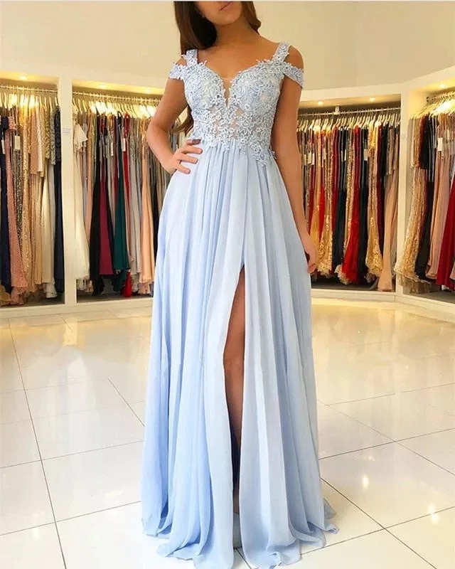 Sheer maxi dresses with lace overlays for a romantic touchFashionSierra - Long Side Split Off Shoulder Lace Sky Blue evening Dresses Sheer maxi dresses with lace overlays for a romantic touchFashionSierra - Long Side Split Off Shoulder Lace Sky Blue evening Dresses