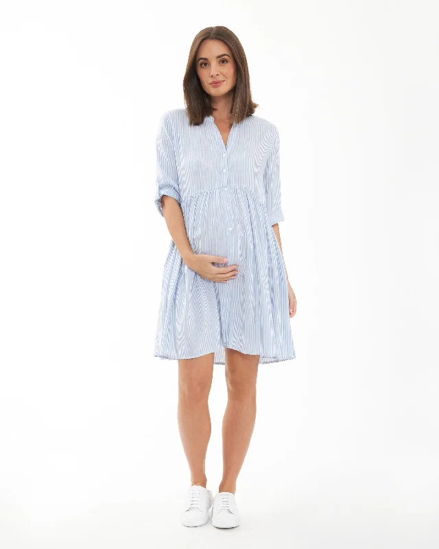 Plaid mini dresses for fall fashionSam Stripe Dress  Sky Blue / White