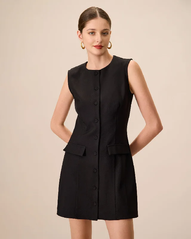Velvet mini dresses for autumn weddingsWomen's Black Crew Neck Button Mini Dress