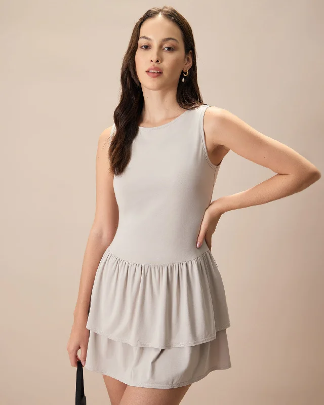 Mini dresses with criss - cross backs for a flirty lookWomen's Grey Crew Neck Ruffle Tiered Cotton Mini Dress