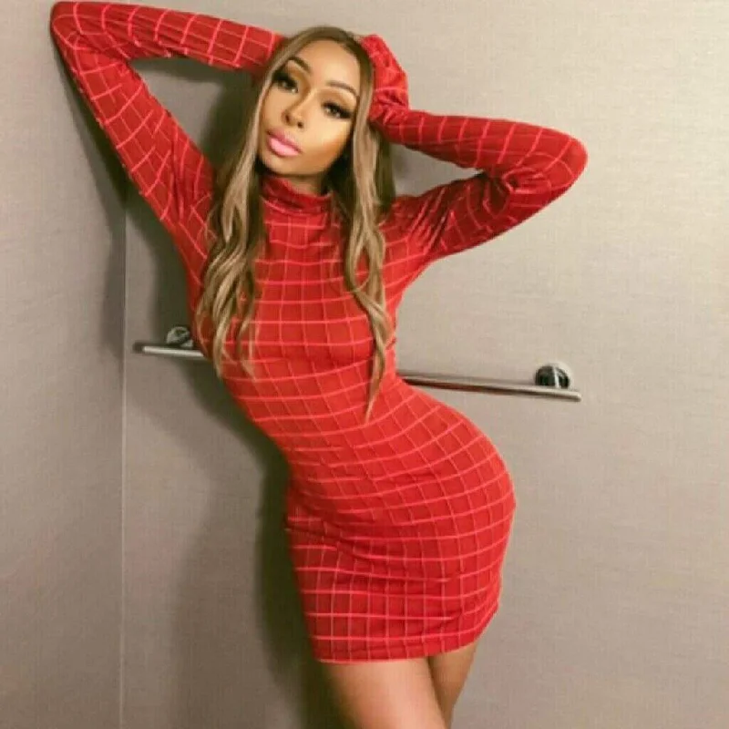 Mini dresses with embroidered details for a unique touchFashionSierra - Women's Stretch Long Sleeve Plaid High Neck Bodycon Dress Autumn Ladies Clubwear Party Club Short Mini Dress
