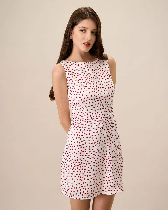Mini dresses with high - low hems for a modern twistWomen's White Boat Neck Polka Dot Mini Dress