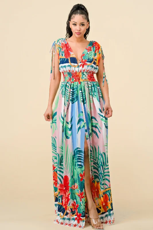 Bodycon dress with a wrap - around style​Long Cap Sleeve Tropical Print Maxi Dress