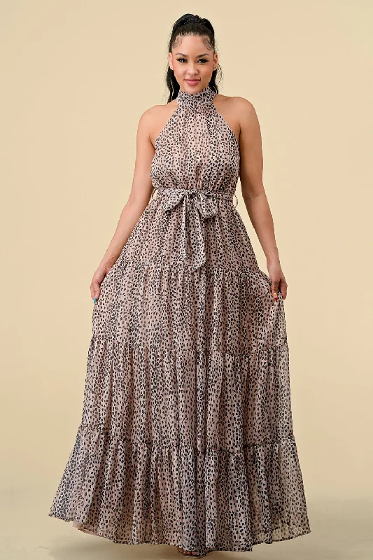Solid - colored bodycon dress for a classic appearanceLong Halter Animal Print Tiered Maxi Dress Solid - colored bodycon dress for a classic appearanceLong Halter Animal Print Tiered Maxi Dress