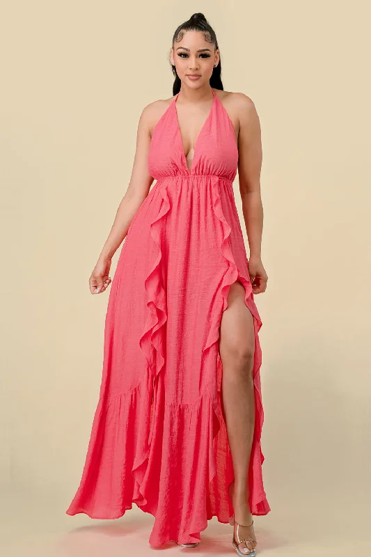 Bodycon dress for a business networking event​Long Halter Ruffled Slit Maxi Dress