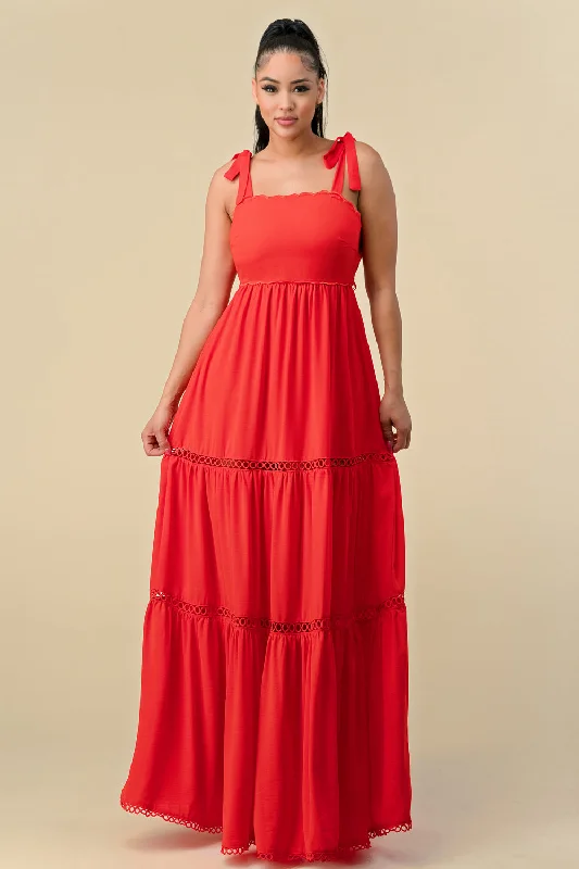 Bodycon dress with a mesh insert for a stylish edgeLong Shoulder Tie Scallop Maxi Dress Bodycon dress with a mesh insert for a stylish edgeLong Shoulder Tie Scallop Maxi Dress
