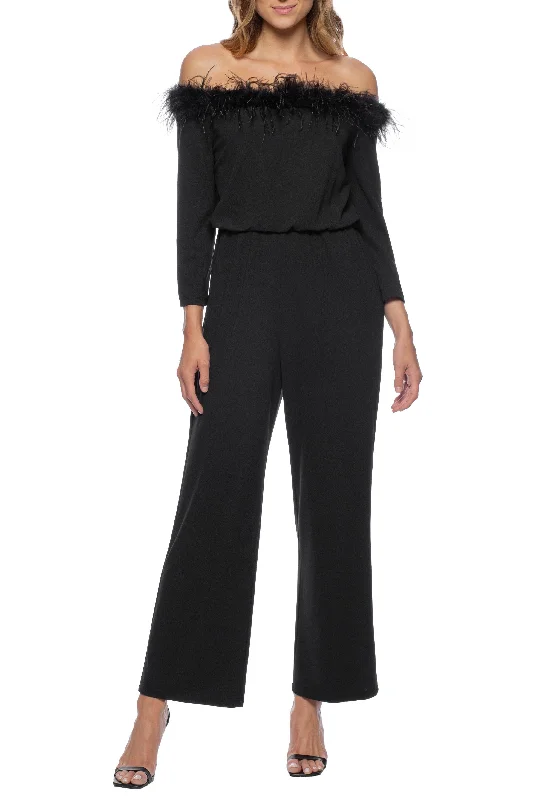 Bodycon dress with a one - shoulder design​Marina  Feather Detail Off Shoulder Crepe Jumpsuit