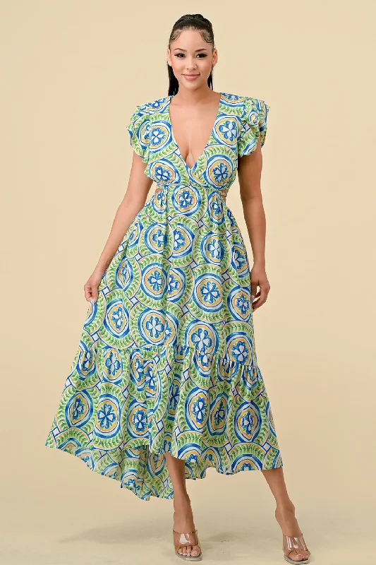 Maxi bodycon dress for a beach wedding​V Neck Waist Cutout Printed Midi Dress